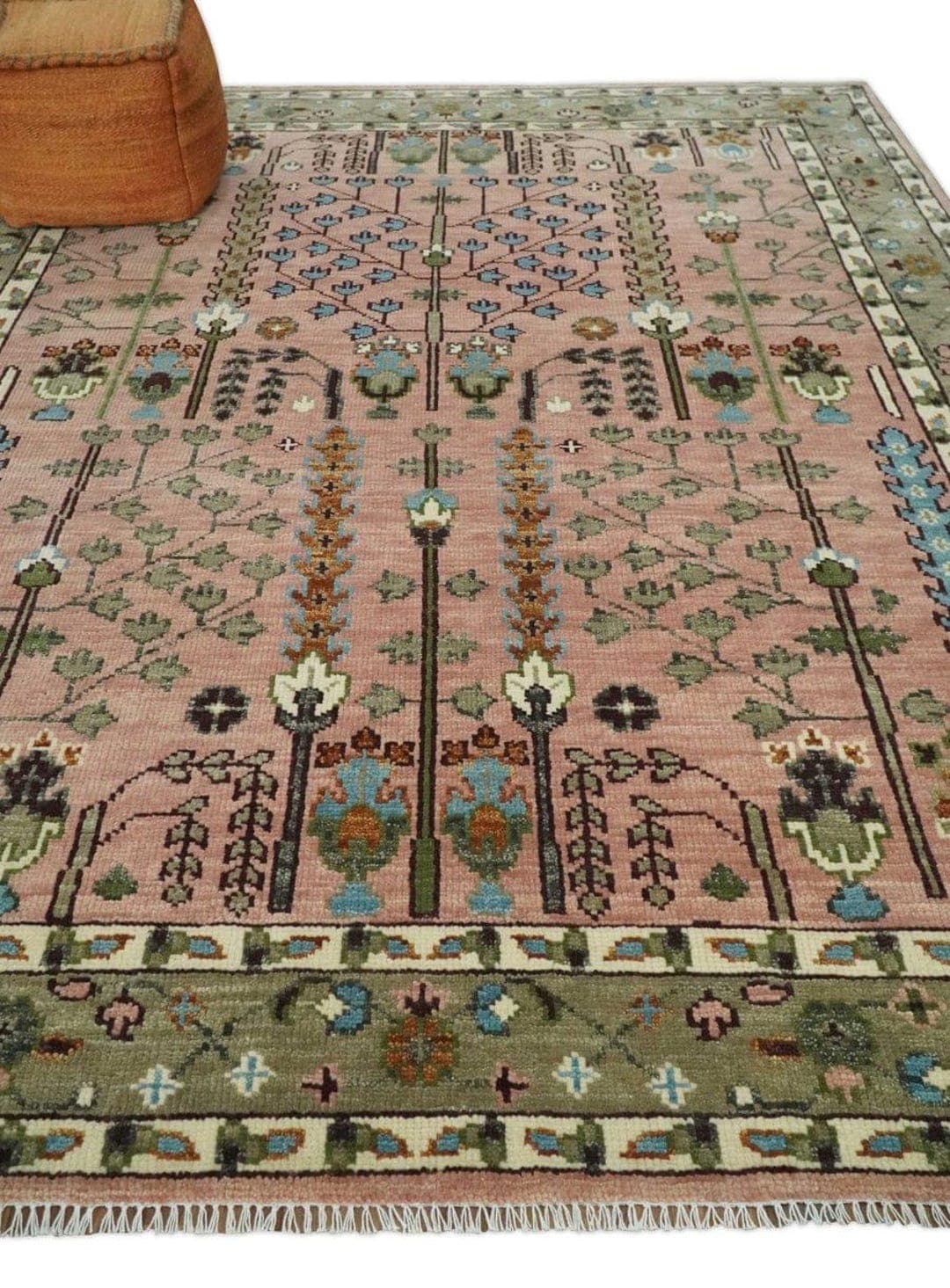 Hand-knotted Oushak Wool Rug: Blush Pink & Sage Green Antique Style - Etsy