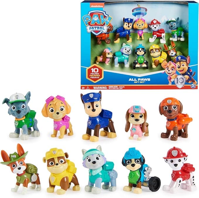 Amazon.com: Paw Patrol 10th Anniversary All Paws On Deck 10 Figure Gift Pack | 10 Collectible Action Figures, Chase, Marshall, Rocky, Rubble, Zuma, Skye & More, Kids Toys for Boys & Girls Ages 3+ : To